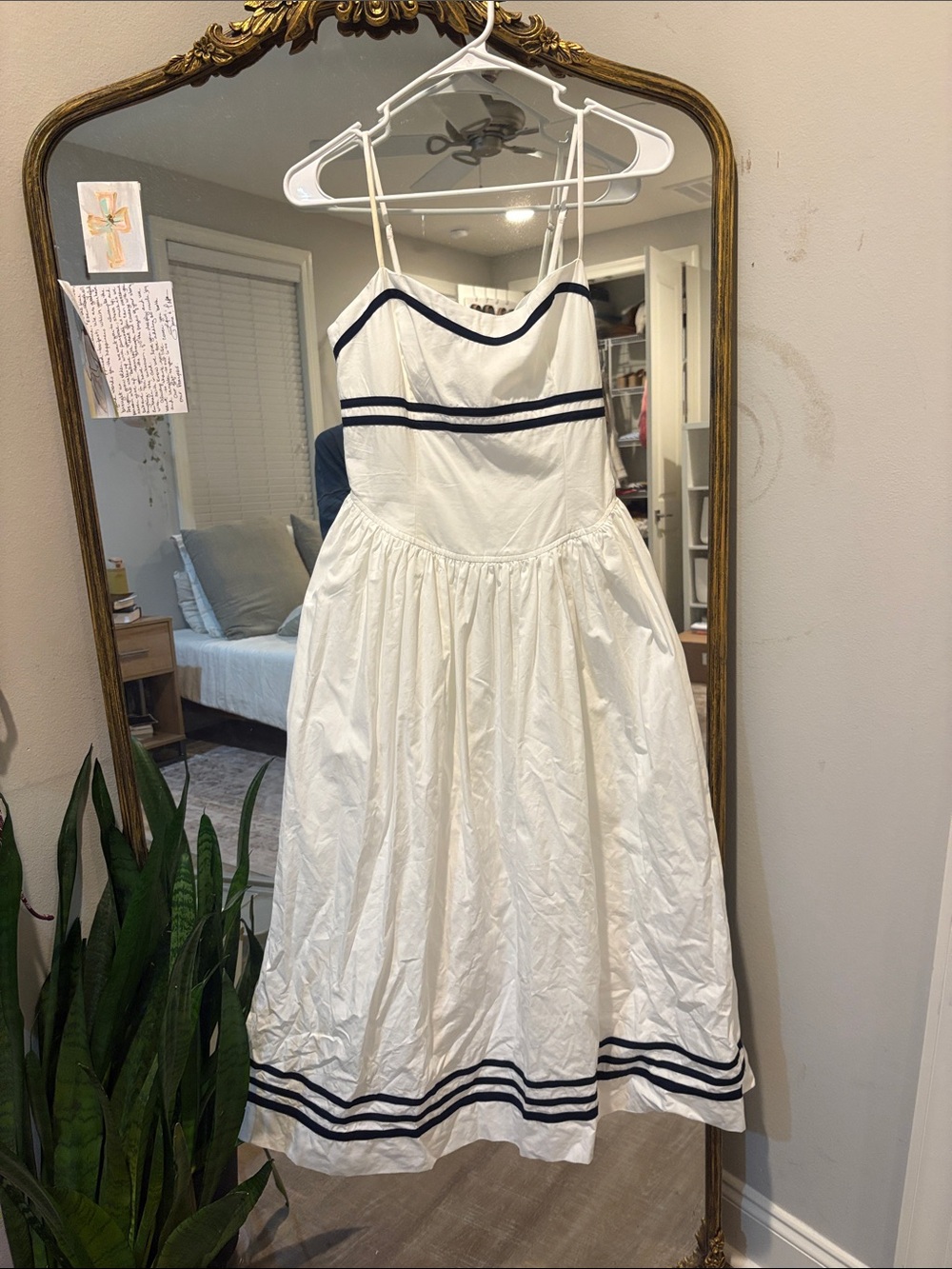 White Spaghetti-Strap A-Line Dress with Navy Trim